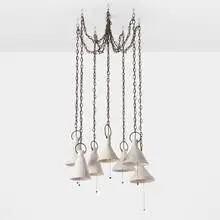 Natalie Page, Funnel pendants, set of seven, c. 2020, glazed stoneware, patinated brass, steel