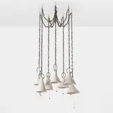 Natalie Page, Funnel pendants, set of seven, c. 2020, glazed stoneware, patinated brass, steel