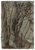 Horst Janssen, Annette retour / Laokoon-Bäume, 1986, Aquarell, Tuschfeder und Deckweiß auf Japan