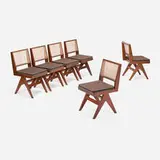 Dining chairs from Punjab University, Chandigarh, set of six by Pierre Jeanneret, c. 1958-59, teak, cane, upholstery, offered Mar 2025