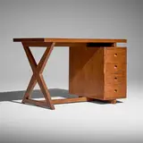Desk from Chandigarh by Pierre Jeanneret, c. 1955, teak, aluminum, offered Mar 2025