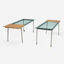 Michael Rotondi, Modular dining tables from the Carlson-Reges Residence, Los Angeles, pair, c. 1990, birch, glass, steel