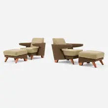 Michael Rotondi, Lounge chairs and ottomans from the Carlson-Reges Residence, Los Angeles, pair, c. 1990, upholstery, teak