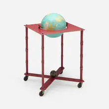 Jacques Adnet, Mappemonde globe and stand, c. 1955, saddle-stitched leather over steel, brass, paper