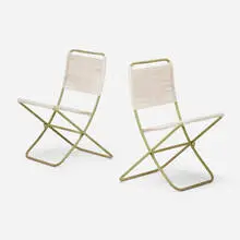 Rare folding chairs, pair by Greta Magnusson Grossman, c. 1947, painted steel, cotton cord, offered Sep 2024