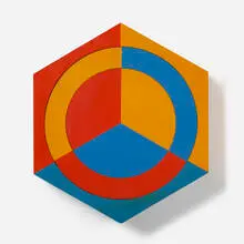 Jules Worthington, Hexagonal Chronograph clock, c. 1971, enameled aluminum, plywood