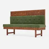 Panelcarve, Bench, 1964-85, carved teak, redwood, bouclé upholstery