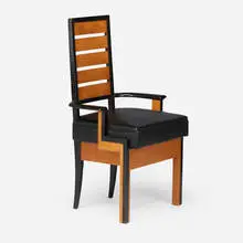 Armchair from the Freudemann Residence, Beverly Hills by Kem Weber, 1928-29, maple, ebonized maple, vinyl upholstery, offered Sep 2024
