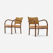 Frits Schlegel, Armchairs, pair, c. 1930, beech, sea grass cord, leather upholstery