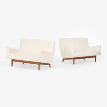 Jens Risom, Settees, pair, c. 1955, walnut, upholstery