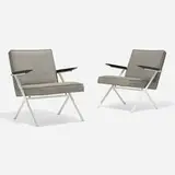Ladislav Rado, Lounge chairs model R-38, pair, c. 1955, upholstery, enameled steel, lacquered wood, plastic