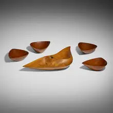 Emil Milan, Tray and four bowls, 1950, walnut, teak