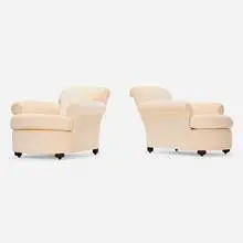 Jean-Michel Frank, Lounge chairs, pair, c. 1938, Pierre Frey silk cotton velvet upholstery, walnut