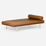 Barcelona daybed by Ludwig Mies van der Rohe, chrome-plated stainless steel, walnut, leather upholstery, sold Feb 2025