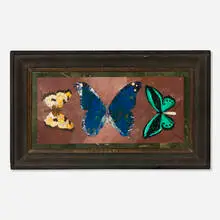 Trio of Butterflies by Richard Blow, 1968, hand-cut hardstone inlay in artist-made frame, sold Feb 2025