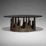 Stalagmite coffee table, model PE-128 by Paul Evans, 1972, bronzed resin over steel, smoked glass, sold Feb 2025