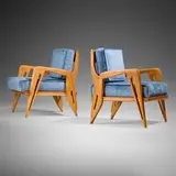 Lounge chairs, pair by attribution Franco Campo and Carlo Graffi, c. 1955, ash, microfiber upholstery, sold Feb 2025