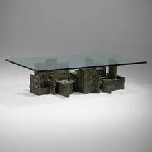 Sculpted Bronze coffee table by Paul Evans, 1979, bronzed resin over steel, glass, sold Feb 2025
