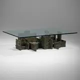 Sculpted Bronze coffee table by Paul Evans, 1979, bronzed resin over steel, glass, sold Feb 2025