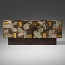 Paul Evans, Patchwork cabinet, c. 1970, welded and patinated pewter, copper, and bronze, slate