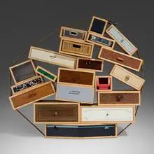 Tejo Remy, You Can't Lay Down Your Memories, 1991, found drawers, maple, jute, aluminum