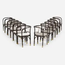 Armchairs model 715F, set of twelve by Gustav Siegel, c. 1900, lacquered beech, brass, upholstery, sold Feb 2025