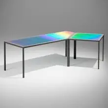 Table 20 from the Plateau Table Series by Tom Patti, 2005, laminated chromatic glass, powder-coated steel, sold Feb 2025