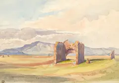 Albert Venus, Campagna-Landschaft mit Ruine, Aquarell auf genarbtem Papier