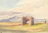 Albert Venus, Campagna-Landschaft mit Ruine, Aquarell auf genarbtem Papier