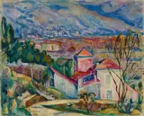 Alexandra Povòrina, Südliches Gebirgsdorf bei Abendsonne, 1925, Öl auf Leinwand