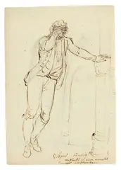 Ferdinand Kobell, Nachdenklicher Mann, an eine Säule gelehnt, Um 1758, Bleistift und Tuschfeder in Braun auf Bütten (Wasserzeichen: Pro Patria (Fragment))