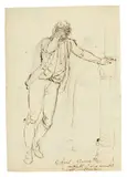 Ferdinand Kobell, Nachdenklicher Mann, an eine Säule gelehnt, Um 1758, Bleistift und Tuschfeder in Braun auf Bütten (Wasserzeichen: Pro Patria (Fragment))