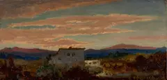Oswald Achenbach, Italienienische Landschaft am Abend, Öl auf Papier auf Karton