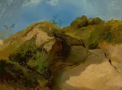 Woldemar Rau, Sommermorgen am Berghang, Um 1850, Öl auf leichtem Karton, auf Papier aufgezogen