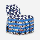 Camella Ehlke, Fed Up (Ladies of Leisure) chair (from the Hey What's Up? series), 2021-22, laminated plywood, overstock textile, mirrored glass
