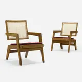 Rare lounge chairs from Chandigarh, pair by Pierre Jeanneret, c. 1960, teak, cane, linen upholstery, offered Apr 2023