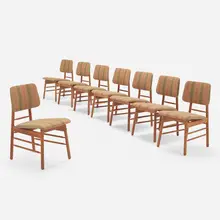 Dining chairs, set of eight by Greta Magnusson Grossman, 1952, walnut, Knoll upholstery, offered Apr 2023
