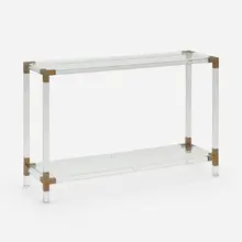 Console table by Charles Hollis Jones, c. 1975, Lucite, glass, brass, offered Apr 2023