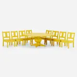 Roy McMakin, Outdoor dining table and chairs, set of eight, 2001, mahogany, spun aluminum, and enamel paint