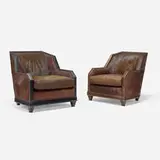 Jf Chen, Art Deco-style lounge chairs, set of two, painted wood, steel brads, dyed animal hide