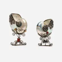 20th Century, Nautilus shell compotes, pair, silver, nautilus shell, cabochon gemstones