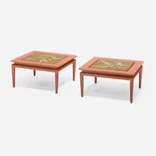 Duilio (Dubé) Barnabé, Occasional tables, pair, verre églomisé, lacquered wood