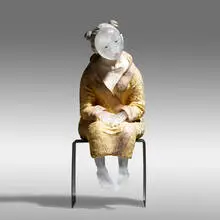 Vivian Wang, Poseur, 2010, cast glass, hand-painted and gilt stoneware, steel base