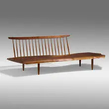 George Nakashima, Conoid Bench with Back, 1961, American black walnut, East Indian laurel
