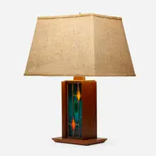 James Martin, Table lamp, leaded glass, American black walnut, burlap