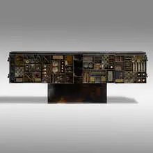 Paul Evans, Important and Early Sculpture Front cabinet, 1962-64, welded and patinated steel, brass, and colored pigments, 23 karat gold leaf, cleft slate