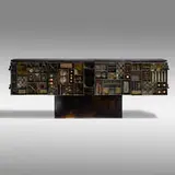 Paul Evans, Important and Early Sculpture Front cabinet, 1962-64, welded and patinated steel, brass, and colored pigments, 23 karat gold leaf, cleft slate
