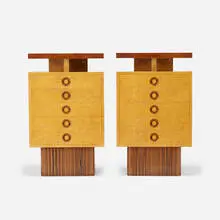 Custom cabinets, pair by Andrew Szoeke, c. 1950, birdseye maple, zebrawood, marquetry, sold May 2021