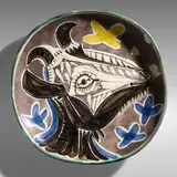 Tête de Chèvre en Profil plate by Pablo Picasso, 1952, white earthenware clay decorated in engobes and brushed glazed, patinated ground, sold May 2021