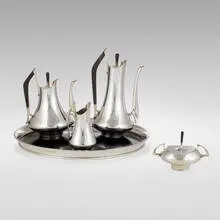 Donald Colflesh, Four-piece Circa 70 coffee and tea service, 1958, sterling silver, ebony, laminate